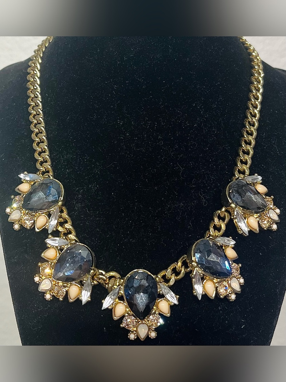 Express Gold Chain Statement Necklace with Navy Blue and Cream Gemstones